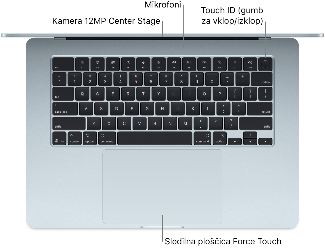 Pogled od zgoraj na odprt računalnik MacBook Air s poudarjeno kamero, mikrofoni, Touch ID (gumb za vklop/izklop) in sledilno ploščico Force Touch.