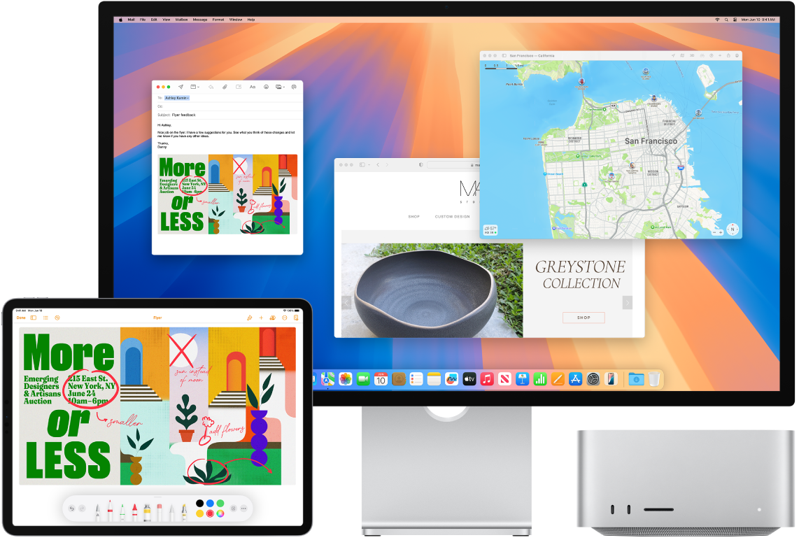 Mac Studio и iPad един до друг. Екранът на iPad показва брошура с анотации. Екранът на Mac Studio има отворено съобщение от Mail (Поща) с прикачен файл брошурата с анотациите от iPad.