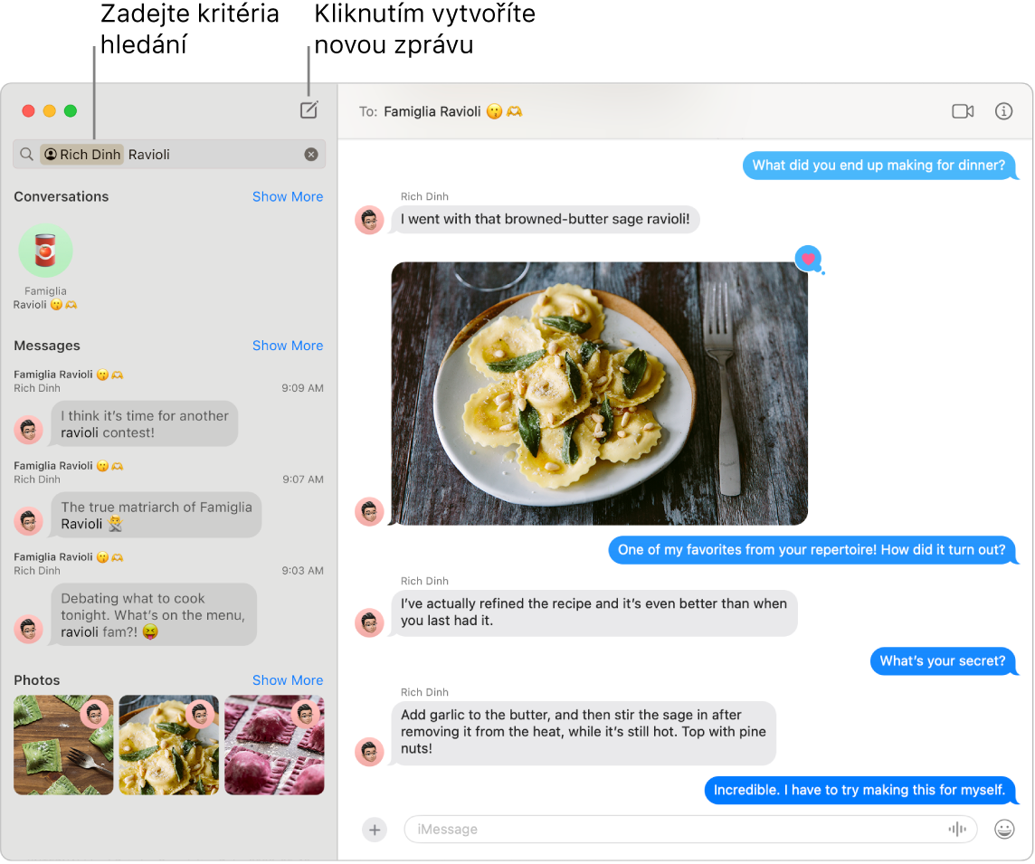 Okno aplikace Zprávy s výsledky hledání kontaktu a výrazu „ravioli“ vlevo. Na obrázku v konverzaci vpravo jsou ravioli