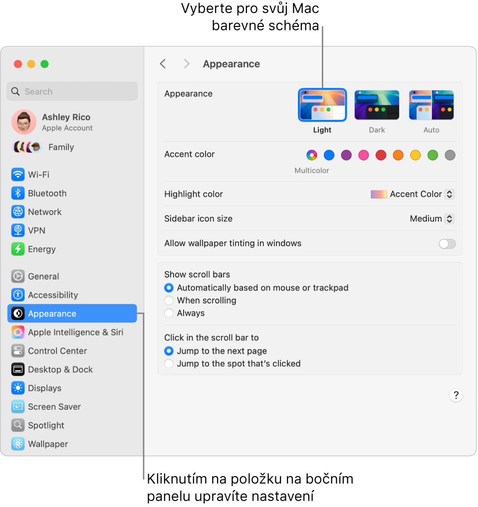Okno Vzhled v Nastavení systému