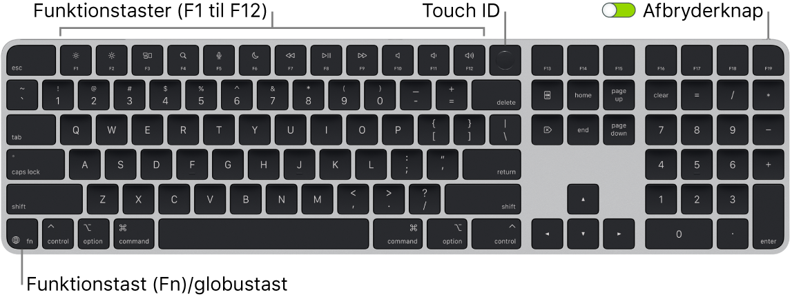 Magic Keyboard med Touch ID og numerisk blok, som viser rækken med funktionstaster og Touch ID øverst samt Funktionstasten (Fn)/globustasten nederst til venstre.