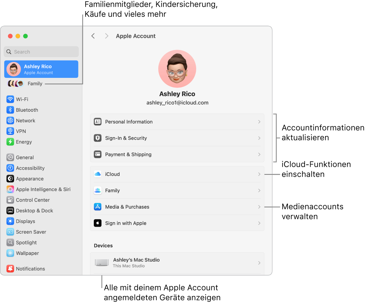 Die Einstellungen „Apple Account“ in den Systemeinstellungen mit Beschriftungen zum Aktualisieren der Accountinformationen, Ein- bzw. Ausschalten von iCloud-Funktionen, Verwalten von Medienaccounts und für die Funktion „Familie", um Familienmitglieder, Kindersicherung, Käufe und mehr zu verwalten.