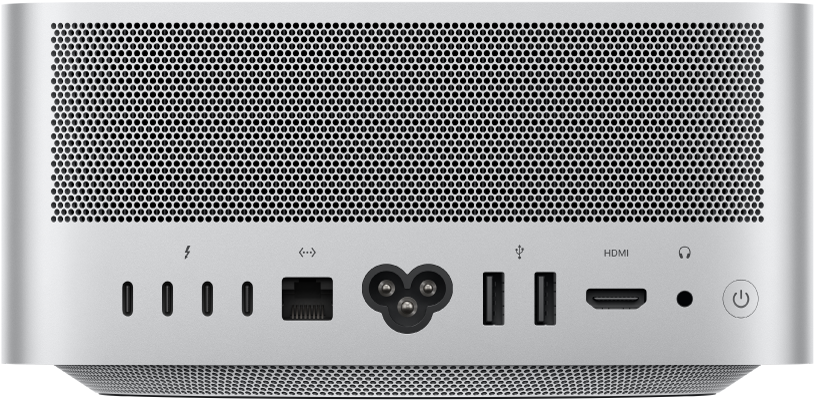 La vue arrière du Mac Studio, ses différents ports et le bouton d’alimentation.