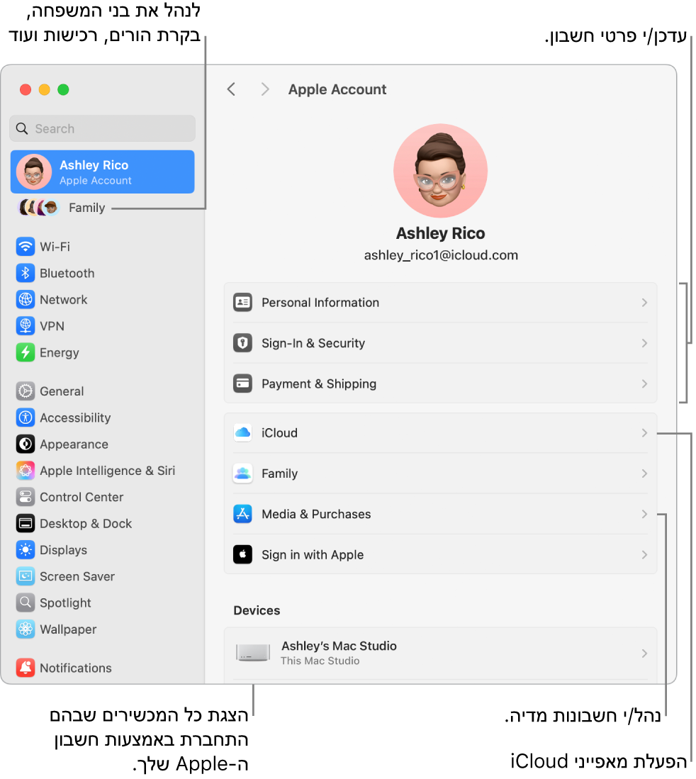 הגדרות חשבון Apple ב״הגדרות המערכת״ עם תיבות הסבר המצביעות על עדכון פרטי החשבון, הפעלה או השבתה של מאפייני iCloud, ניהול חשבונות מדיה והאזור ״משפחה״, שם ניתן לנהל חשבונות של בני משפחה, בקרות הורים, רכישות ועוד.