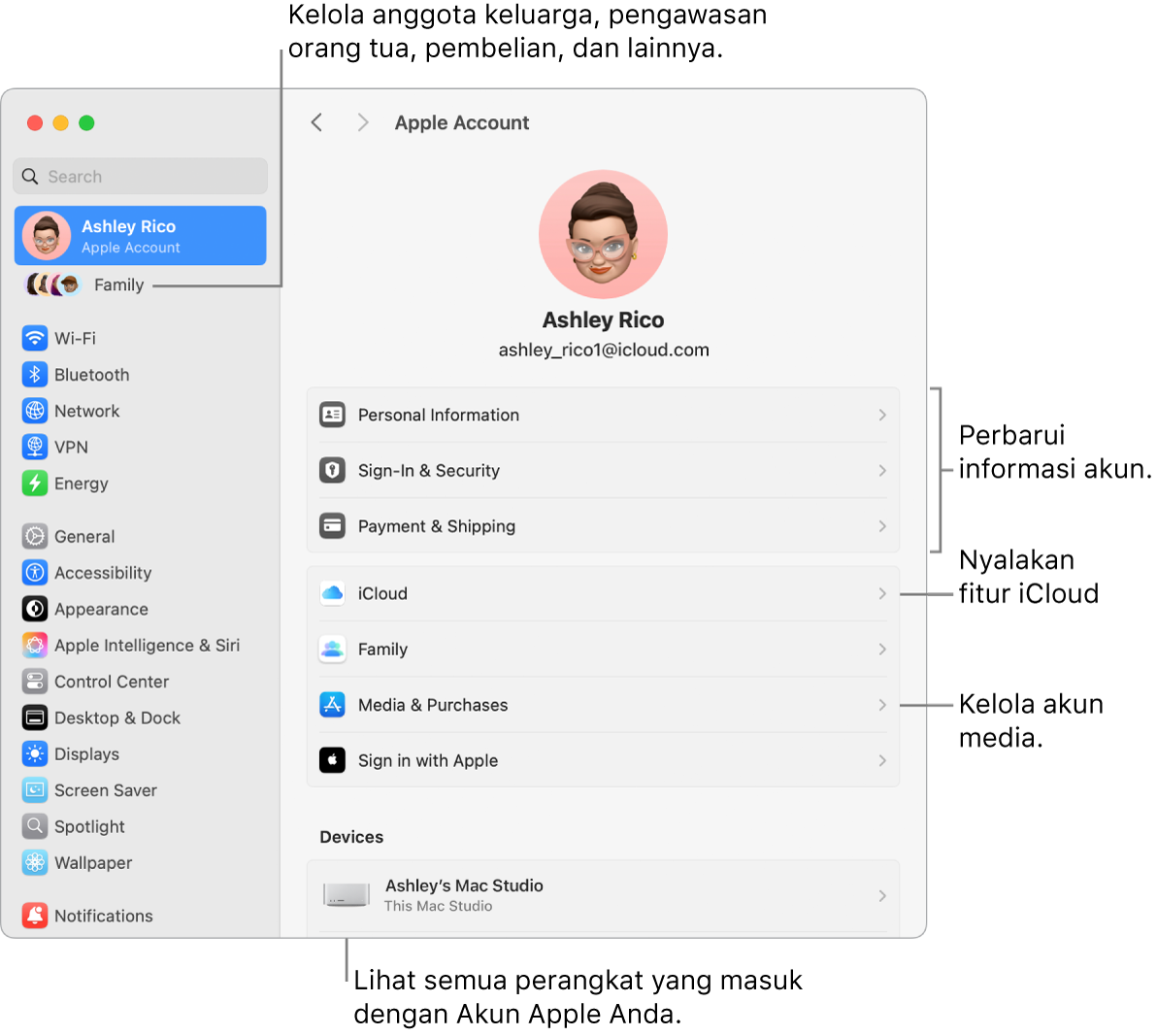 Pengaturan Akun Apple di Pengaturan Sistem dengan keterangan untuk memperbarui informasi akun, menyalakan atau mematikan fitur iCloud, mengelola akun media, dan Keluarga, tempat Anda dapat mengelola anggota keluarga, pengawasan orang tua, pembelian, dan lainnya..