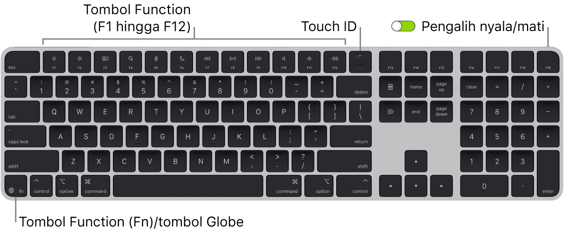 Magic Keyboard dengan Touch ID dan Keypad Numerik menampilkan baris tombol function dengan Touch ID di sepanjang bagian atas dan tombol Function (Fn)/Globe di kiri bawah.