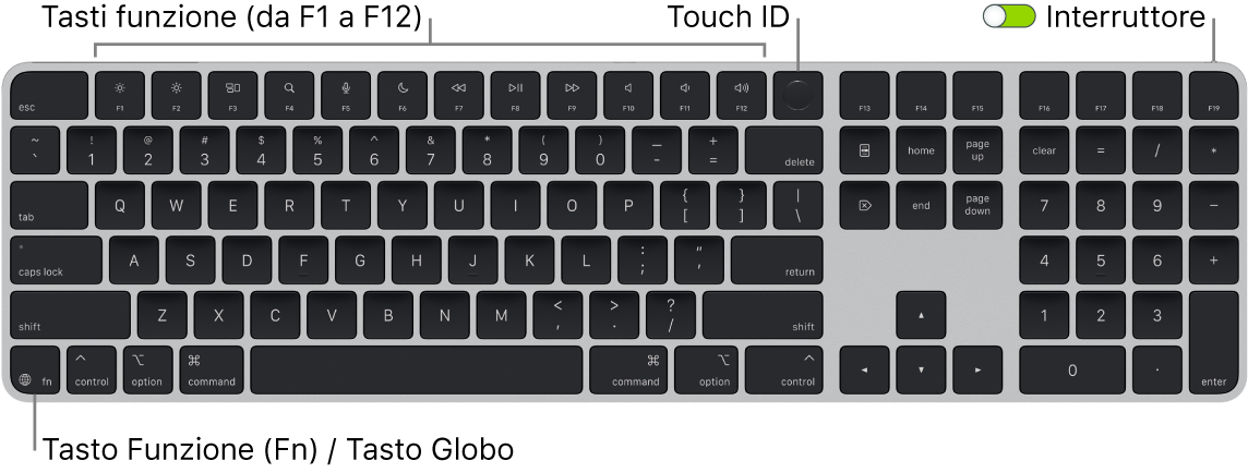 La tastiera Magic Keyboard con Touch ID e tastierino numerico che mostra i tasti funzione e Touch ID in alto e il tasto Funzione (Fn)/Globo in basso a sinistra.