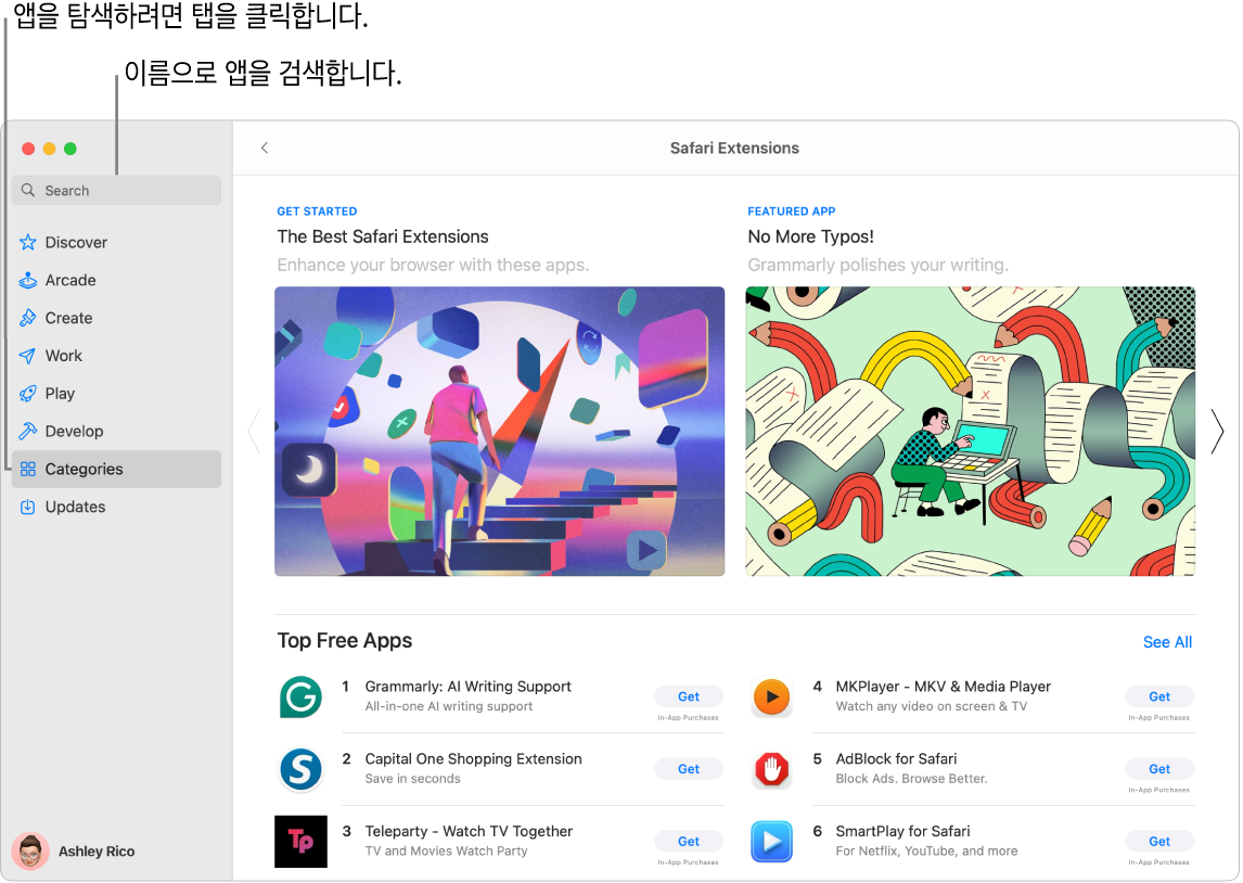 검색 필드와 Safari 확장 프로그램 페이지가 표시된 App Store 윈도우.