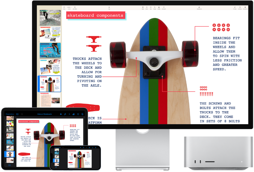 동일한 iCloud 콘텐츠에 접근하는 다양한 기기 옆의 Mac Studio.