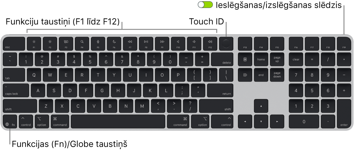 Tastatūra Magic Keyboard ar Touch ID un ciparu tastatūra, kam augšdaļā redzama funkciju taustiņu rinda un Touch ID, bet apakšā pa kreisi — taustiņš Function (Fn)/Globe.