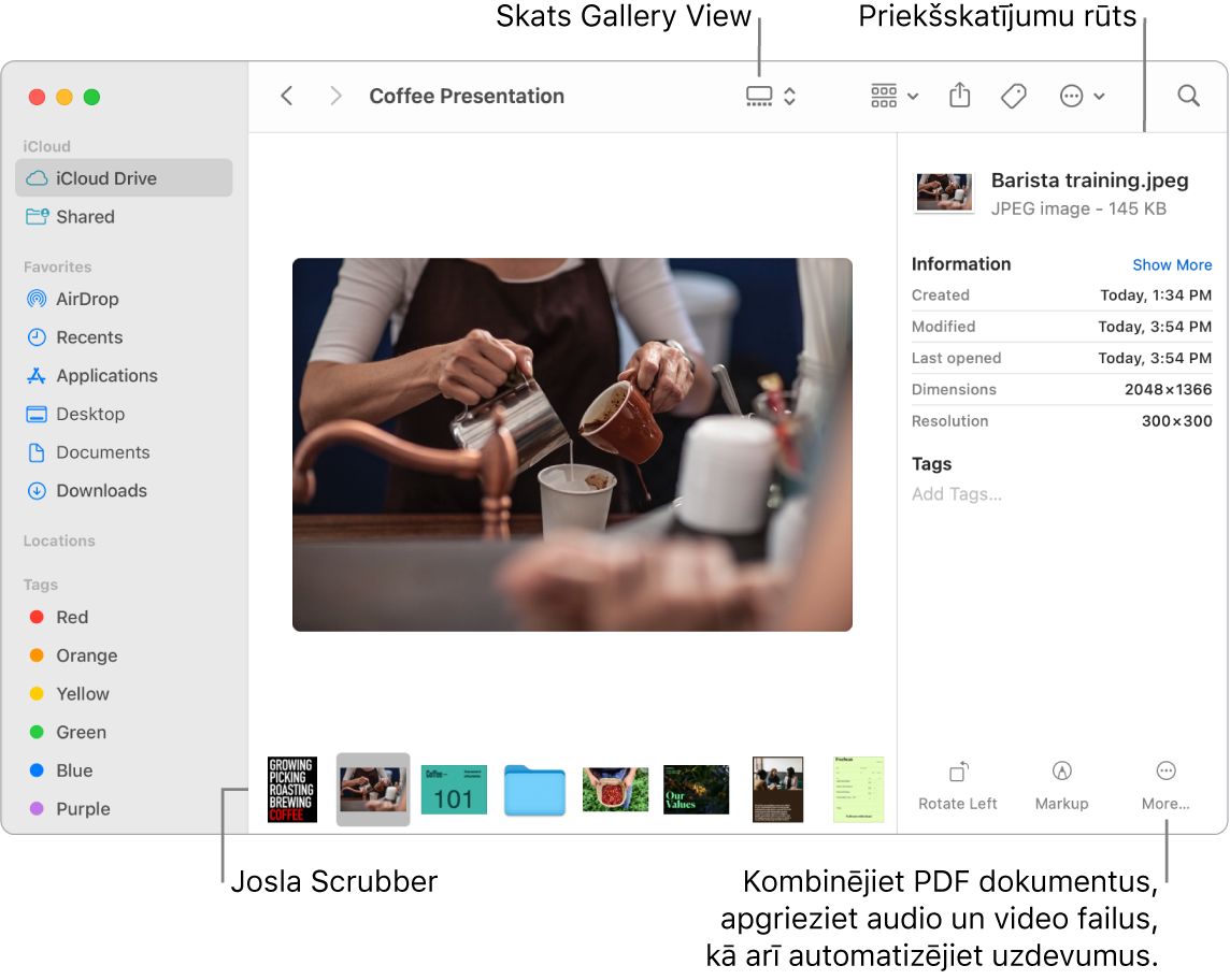 Atvērts lietotnes Finder logs skatā Gallery View, kurā redzams liels fotoattēls ar rindu mazāku attēlu — skrubera joslu — apakšā. Skrubera joslas labajā pusē ir vadīklas pagriešanai, atzīmēšanai u.c.