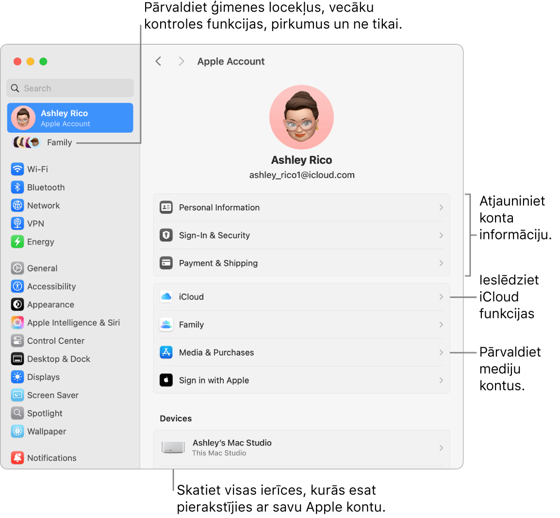 Apple konta iestatījumi izvēlnē System Settings ar remarkām atjaunināt konta informāciju, ieslēgt vai izslēgt iCloud funkcijas, pārvaldīt mediju kontus, un sadaļu Family, kur varat pārvaldīt ģimenes locekļus, vecāku kontroles funkcijas, pirkumus un ne tikai.
