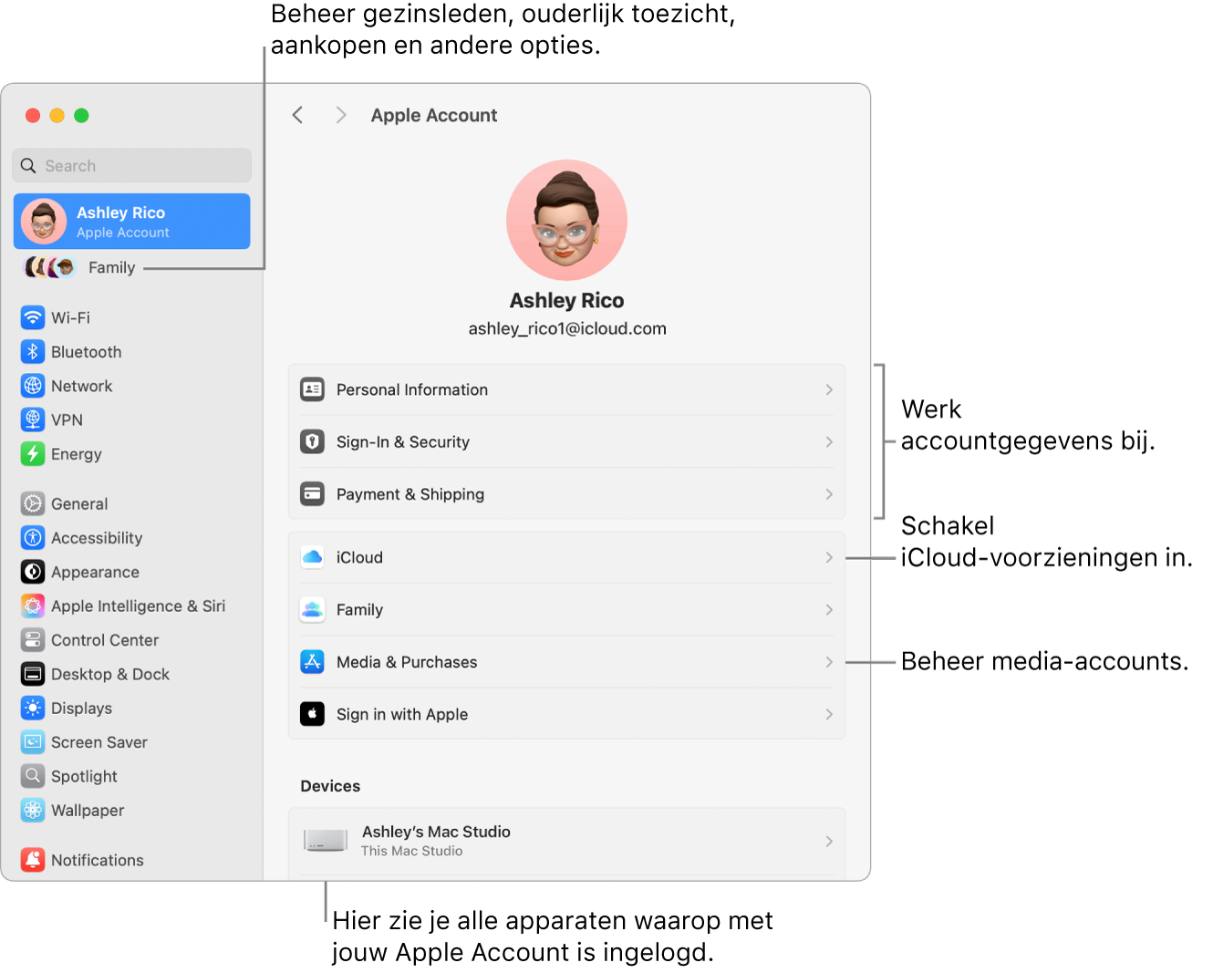 De instellingen voor 'Apple Account' in Systeeminstellingen, met bijschriften voor de opties waarmee je je accountgegevens bijwerkt, iCloud-voorzieningen in- of uitschakelt en media-accounts beheert. En de instellingen voor 'Gezin', waar je gezinsleden, ouderlijk toezicht, aankopen en andere opties beheert.
