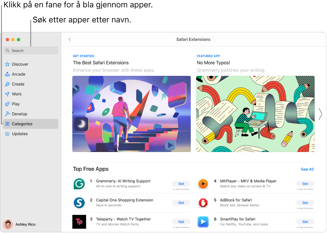 App Store-vinduet med søkefeltet og en side med Safari-utvidelser.
