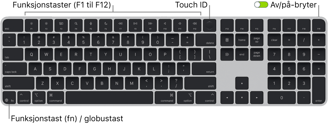 Magic Keyboard med Touch ID og talltastatur vises. Raden med funksjonstaster og Touch ID er øverst og funksjonstasten (Fn) / globustasten er nederst til venstre.