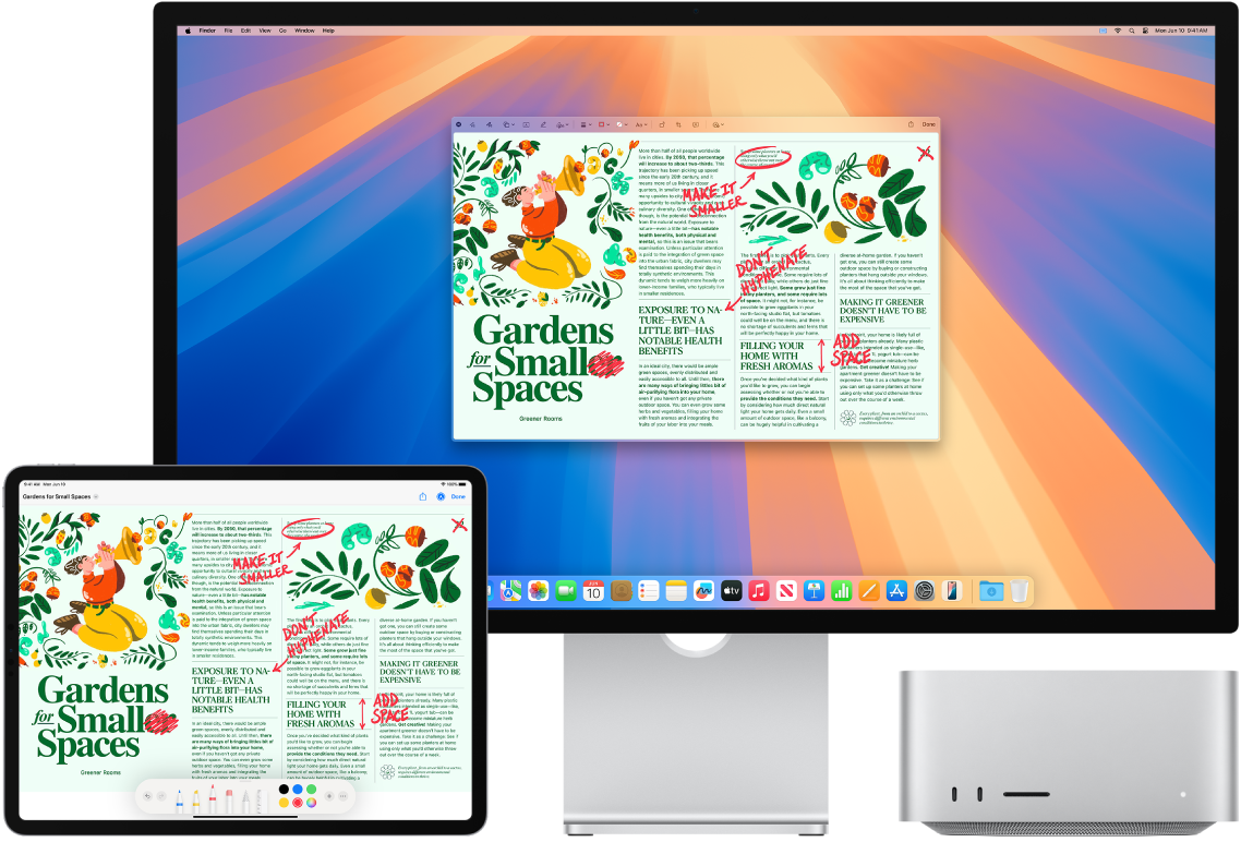 En Mac Studio og en iPad side om side. Begge skjermene viser en artikkel som er full av håndskrevne, røde merknader, for eksempel utkryssede setninger, piler og ekstra ord. På iPaden vises også kontroller for merking nederst på skjermen.