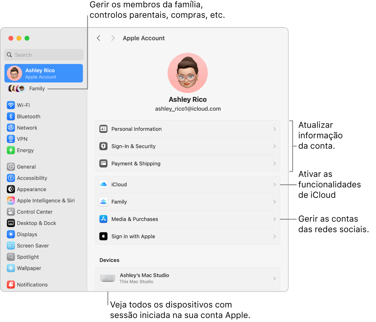 As definições da conta Apple nas Definições do Sistema, com chamadas para atualizar a informação da conta, ativar ou desativar funcionalidades de iCloud, gerir contas de conteúdo multimédia e Família, onde pode gerir os membros da família, controlos parentais, compras, etc.