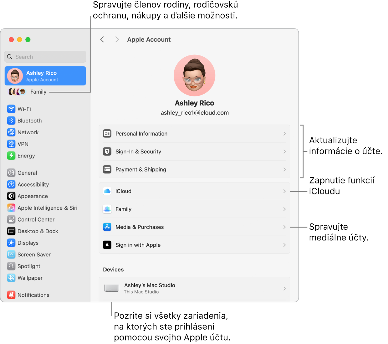 Nastavenia Apple účet v Systémových nastaveniach s popismi na aktualizáciu informácií o účte, zapnutie alebo vypnutie funkcií iCloudu, správu mediálnych účtov a položku Rodina, kde môžete spravovať členov rodiny, rodičovskú ochranu, nákupy a ďalšie možnosti..