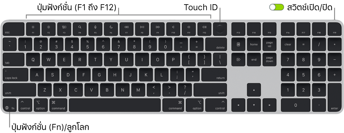 Magic Keyboard พร้อม Touch ID และปุ่มตัวเลขที่แสดงแถวของปุ่มฟังก์ชั่นและ Touch ID ตลอดแนวด้านบนสุด และปุ่มฟังก์ชั่น (Fn)/ลูกโลกที่ด้านซ้ายล่างสุด