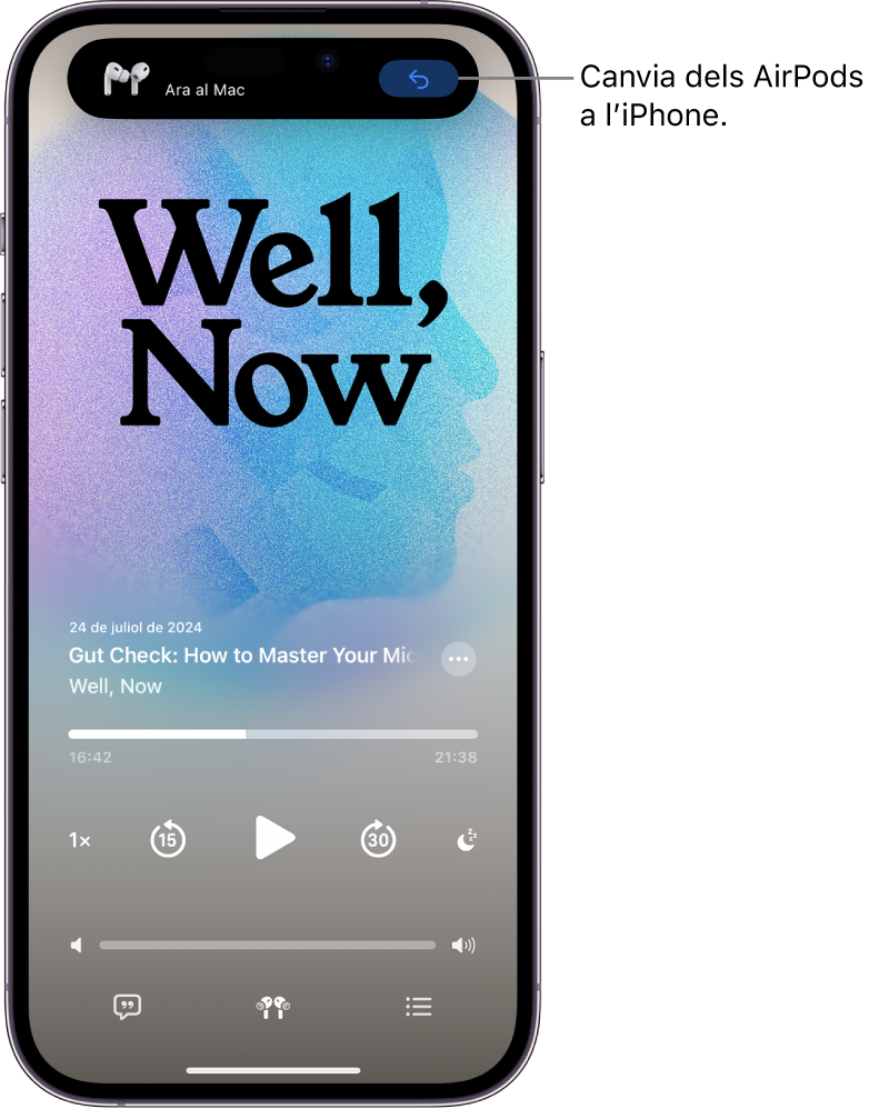 Pantalla bloquejada de l’iPhone amb un missatge a la part superior que diu “Ara connectats al Mac” i un botó per tornar a connectar els AirPods a l’iPhone.