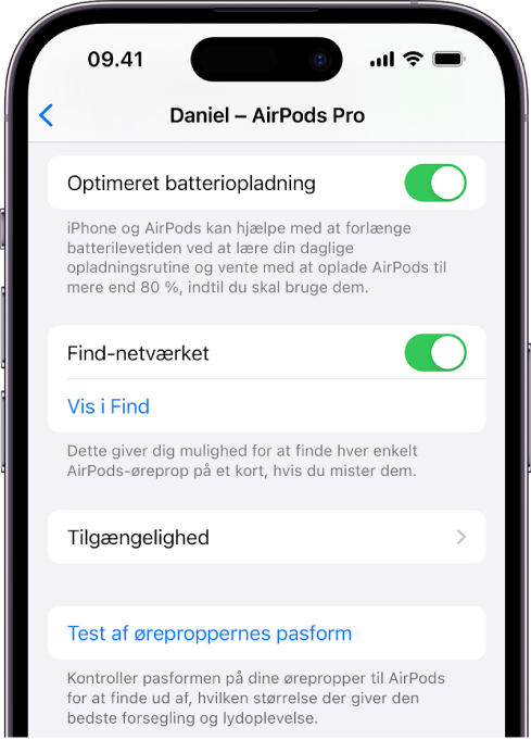 Bluetooth-indstillinger på en iPhone med muligheder til AirPods Pro (alle modeller). Find-netværket er slået til, så AirPods kan lokaliseres enkeltvis på et kort, hvis de mistes.