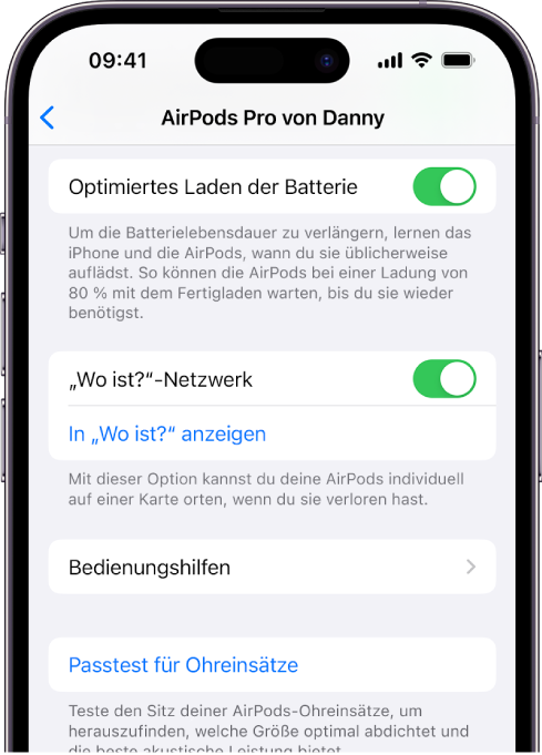 Bluetooth-Einstellungen auf dem iPhone mit Optionen für die AirPods Pro (alle Modelle). Die Option „,Wo ist?‘-Netzwerk“ ist aktiviert, sodass die Position der verloren gegangenen AirPods einzeln auf einer Karte angezeigt werden kann.