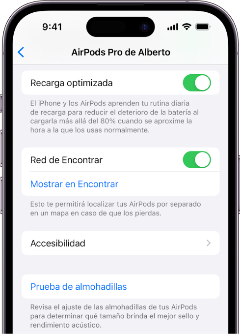 La configuración de Bluetooth de un iPhone mostrando las opciones para los AirPods Pro (todos los modelos). La opción Red de Encontrar está activada, lo que permite que se localicen los AirPods por separado en un mapa si se pierden.