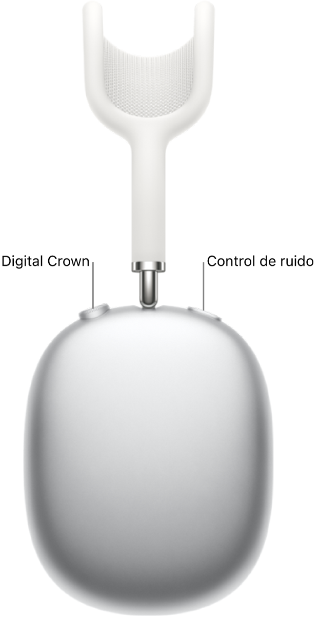 El audífono derecho de los AirPods Max mostrando la Digital Crown en la parte superior izquierda, y el botón de control de ruido en la parte superior derecha.