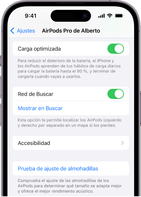 Ajustes de Bluetooth en una pantalla de iPhone que muestra las opciones para los AirPods Pro (todos los modelos). La opción “Red de Buscar” está activada, lo que permite que los AirPods se muestren por separado en un mapa si se pierden.