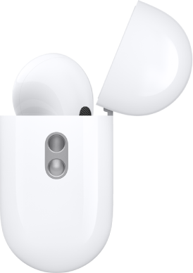 El lateral del estuche de carga de los AirPods Pro 2 con el cordón para la correa de transporte.