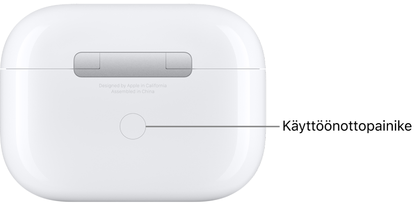 Käyttöönottopainike keskellä AirPods Pro -kuulokkeiden latauskotelon taustapuolta.