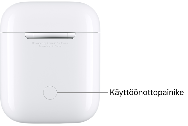 Käyttöönottopainike keskellä AirPods 1 ja 2 -kuulokkeiden latauskotelon taustapuolta.