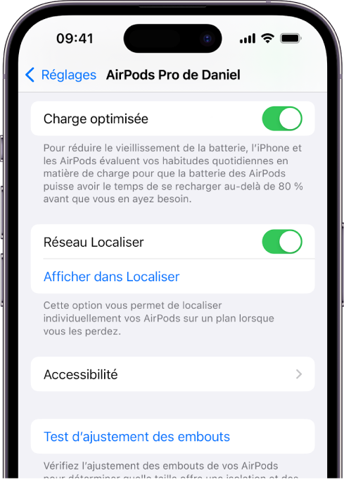 Réglages Bluetooth sur un iPhone qui affichent les options pour les AirPods Pro (tous les modèles). L’option Réseau Localiser est activée, ce qui permet de localiser un AirPod à la fois sur un plan en cas de perte.