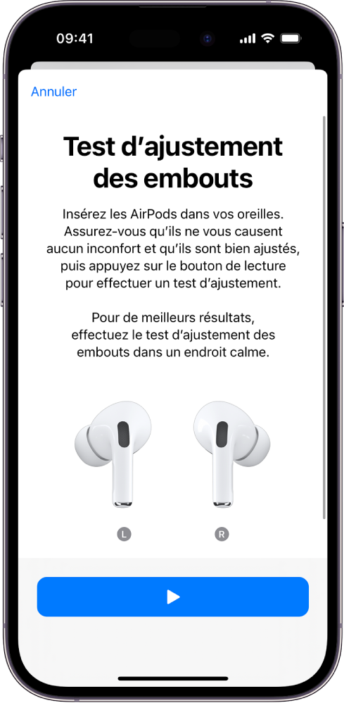 L’écran d’un iPhone qui affiche le test d’ajustement des embouts pour les AirPods Pro 1.