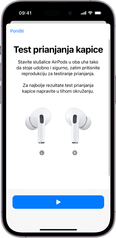 Na zaslonu iPhonea prikazuje se Test prianjanja kapice za AirPods Pro 1.