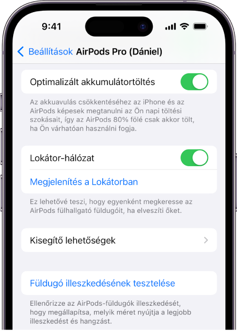 Bluetooth-beállítások egy iPhone-on az AirPods Próhoz (összes modell) elérhető opciókkal. A „Lokátor-hálózat funkció be van kapcsolva, amely segítségével egyenként is megkeresheti az elveszett fülhallgatót a térképen.