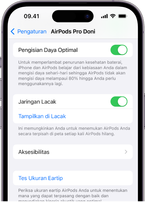 Pengaturan Bluetooth di iPhone menampilkan pilihan untuk AirPods Pro (semua model). Pilihan Jaringan Lacak menyala, yang memungkinkan AirPods untuk ditemukan secara terpisah di peta kapan pun hilang.