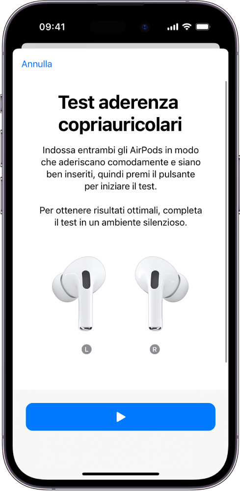 Schermata di iPhone che mostra il test di aderenza dei copriauricolari per gli AirPods Pro 1.