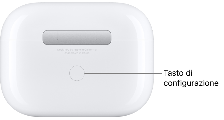 Il pulsante di configurazione al centro della parte posteriore della custodia di ricarica degli AirPods Pro.