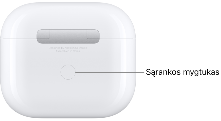 Sąrankos mygtukas yra galinės „AirPods 3“ įkrovimo dėklo pusės centre.