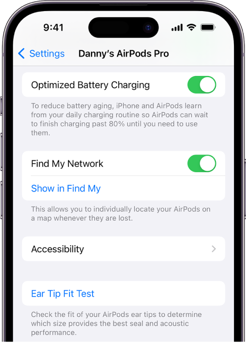 „Bluetooth“ nustatymai „iPhone“ ekrane: rodomos „AirPods Pro“ (visų modelių) parinktys. Parinktis „Lokatoriaus tinklas“ įjungta, todėl „AirPods“ galima rasti žemėlapyje, kad ir kur jos būtų pamestos.