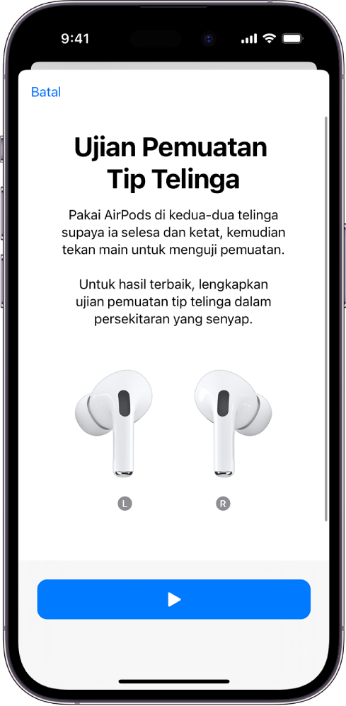 Skrin iPhone memaparkan Ujian Pemuatan Tip Telinga untuk AirPods Pro 1.