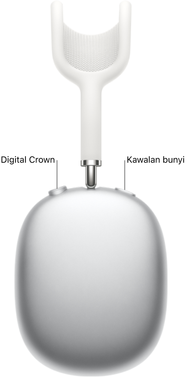 Fon kepala kanan pada AirPods Max, menunjukkan Digital Crown di bahagian kiri atas fon kepala dan butang kawalan bunyi di bahagian kanan atas.