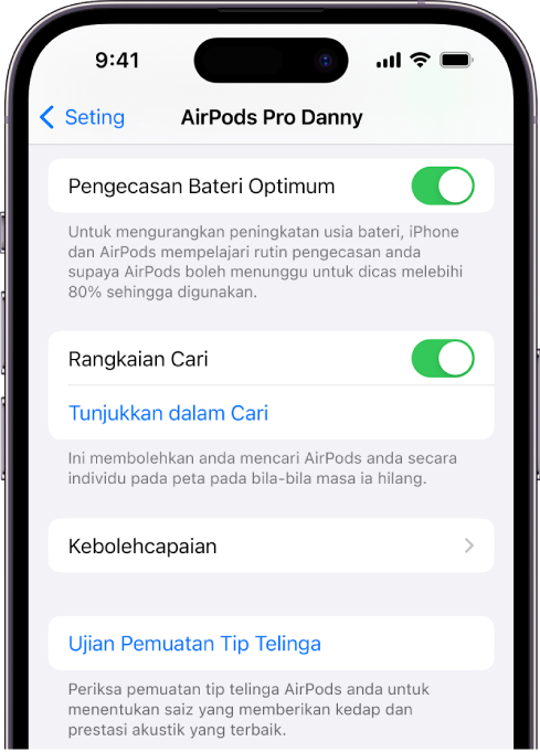 Seting Bluetooth pada iPhone menunjukkan pilihan untuk AirPods Pro (semua model). Pilihan Rangkaian Cari aktif, yang membenarkan AirPods dicari secara individu pada peta apabila ia hilang.