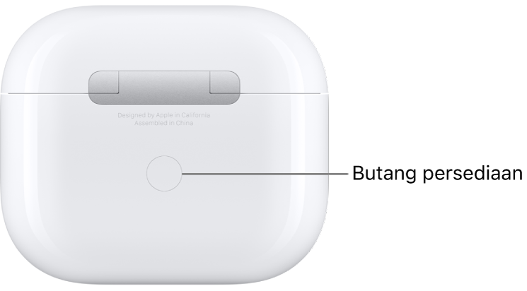 Butang persediaan di bahagian tengah pada belakang bekas pengecasan AirPods 3.