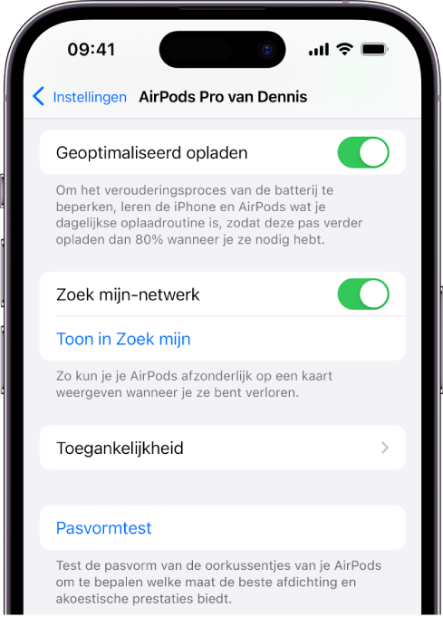 Bluetooth-instellingen op een iPhone met opties voor de AirPods Pro (alle modellen). De optie 'Zoek mijn-netwerk' is ingeschakeld, waardoor de locatie van de afzonderlijke AirPods op een kaart kan worden getoond wanneer ze zoek zijn.