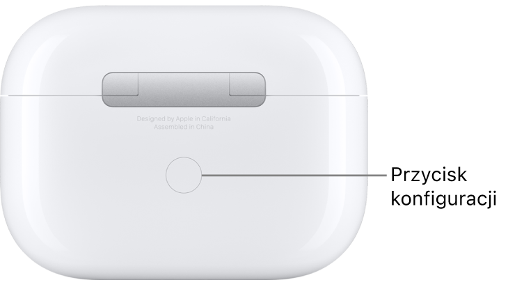 Przycisk konfiguracji na środku tylnej części etui ładującego słuchawek AirPods Pro.