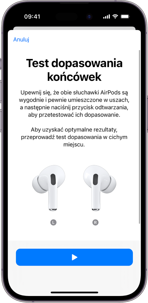 iPhone wyświetlający ekran Test dopasowania końcówek słuchawek AirPods Pro 1.