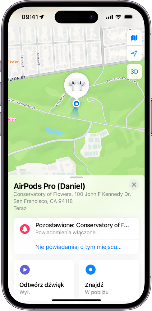 Ekran aplikacji Znajdź na iPhonie. Wyświetlane jest położenie słuchawek AirPods Pro na mapie San Francisco z pokazanym adresem. Widoczne są opcje Odtwórz dźwięk, Znajdź oraz Powiadomienia.