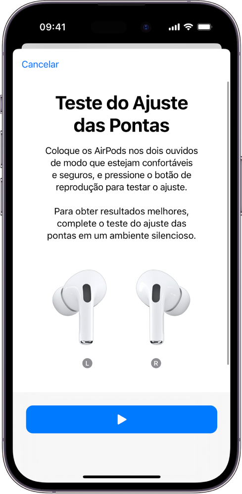 Tela de um iPhone mostrando o Teste do Ajuste das Pontas para os AirPods Pro 1.